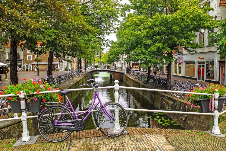 Bicycles line a canal in Delft