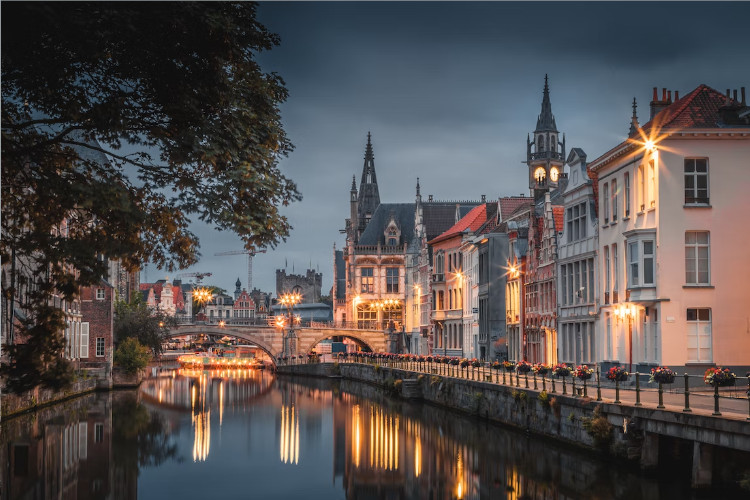 Lights reflecting in the canal in Ghent